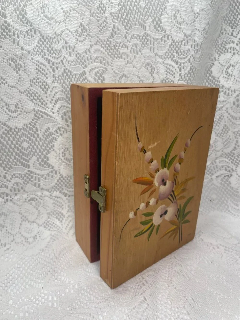 Handmade Wooden Jewelry Box With Floral Hand-Painted Design Red Felt Interior &
